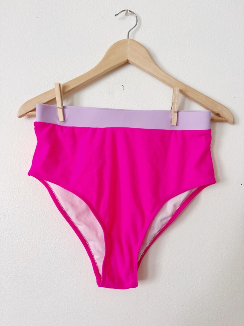 High-Waist Bikini Bottoms in Bright Pink with Lavender Waistband size medium